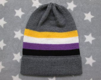 Knit Nonbinary Pride Hat | Grey Slouchy Beanie | Lightweight Acrylic