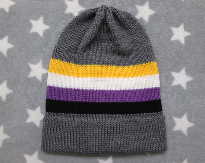 Knit Nonbinary Pride Hat | Grey Slouchy Beanie | Lightweight Acrylic