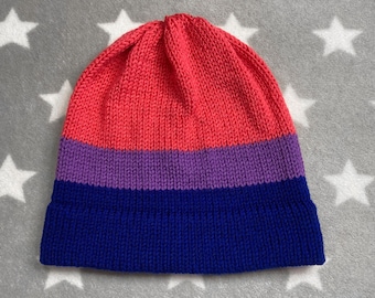 Knit Bisexual Pride Hat | Fitted Beanie | Lightweight Acrylic