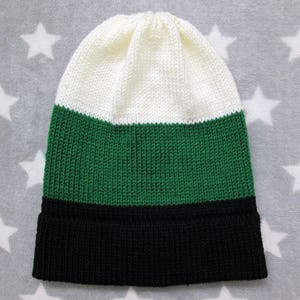 Peut inclure: Un bonnet en tricot blanc, vert et noir.