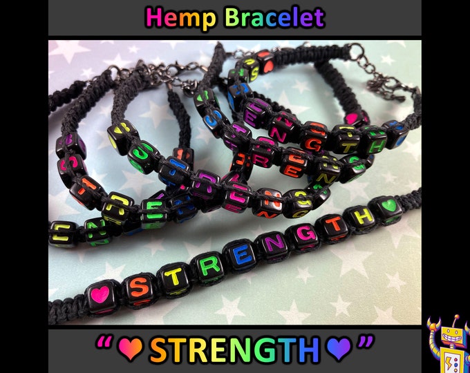 STRENGTH Hemp Bracelet - Rainbow Alphabet Beads - Black Hemp - 1 Bracelet (Assorted Rainbow Colors) - 7 to 8 Inches Adjustable