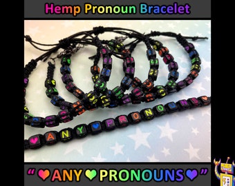 ANY PRONOUNS Hemp Pronoun Bracelet - Rainbow Alphabet Beads - 1 Bracelet (Assorted Rainbow Colors) - Adjustable Chain or Slide Knot