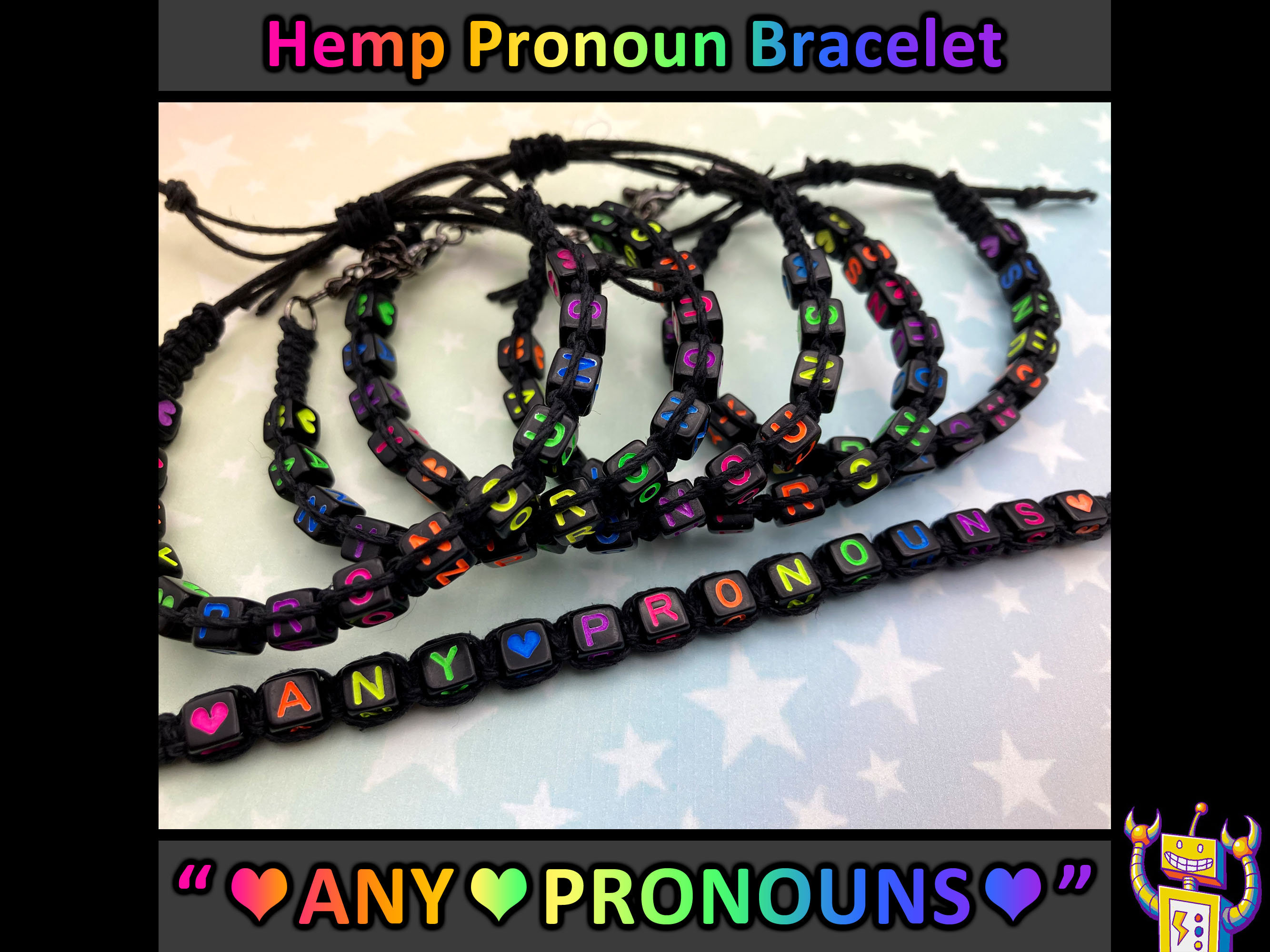 ANY PRONOUNS Hemp Pronoun Bracelet - Rainbow Alphabet Beads - 1 Bracelet  (Assorted Rainbow Colors) - Adjustable Chain or Slide Knot