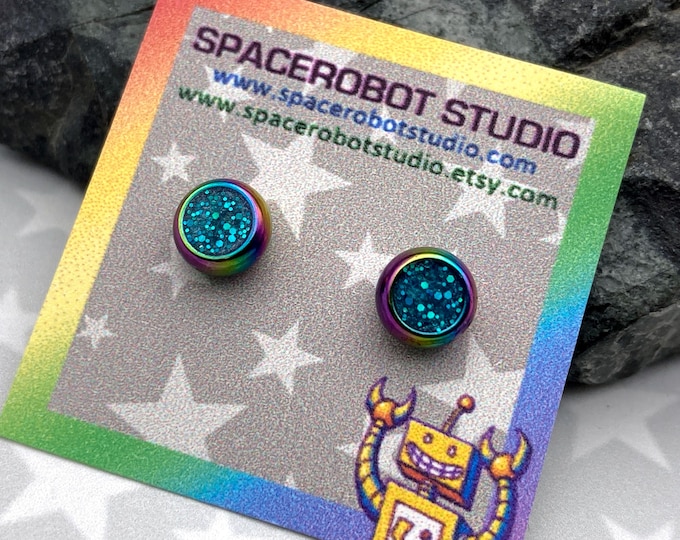 Rainbow Steel Earrings | Teal Glitter Resin | Small 6mm Stud Earrings