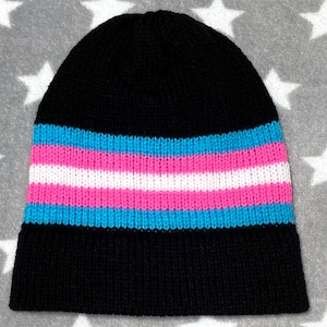 Knit Trans Pride Hat | Neon & Black Slouchy Beanie | Lightweight Acrylic