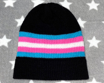 Knit Trans Pride Hat | Neon & Black Slouchy Beanie | Lightweight Acrylic