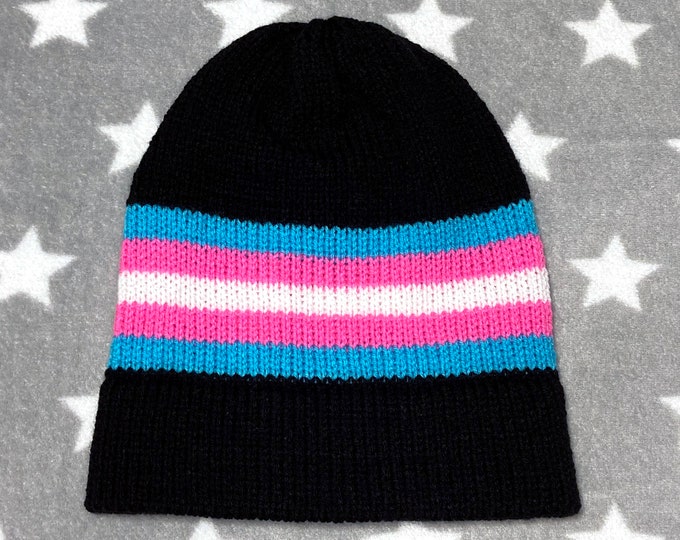 Knit Trans Pride Hat | Neon & Black Slouchy Beanie | Lightweight Acrylic