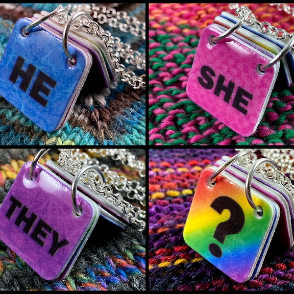 Genderfluid Pronouns Necklace - He/She/They/? - Blue/Pink/Purple/Rainbow - Silver Chain