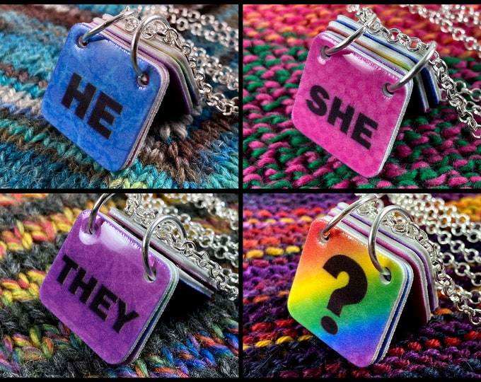 Genderfluid Pronouns Necklace | He She They ? | Blue Pink Purple Rainbow | Silver Rolo Chain