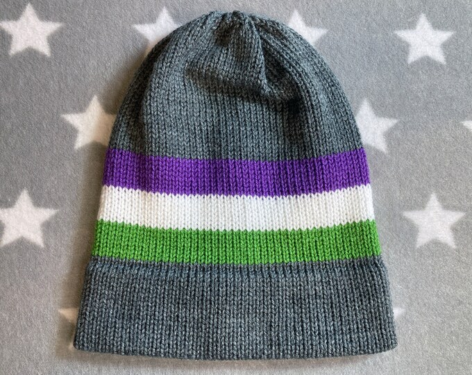Knit Genderqueer Pride Hat | Grey Slouchy Beanie | Lightweight Acrylic