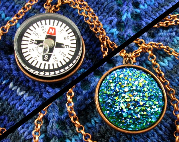 Double-Sided Compass Necklace - Light Compass, Faux Druzy, Copper