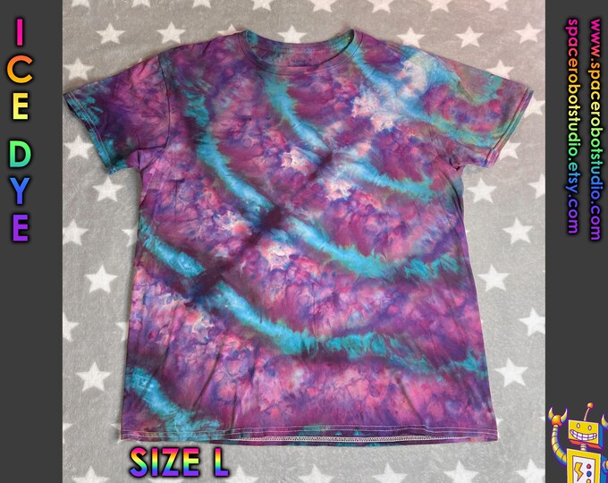 Ice Dye T-Shirt | Purple Teal Ripple Waves | Size L