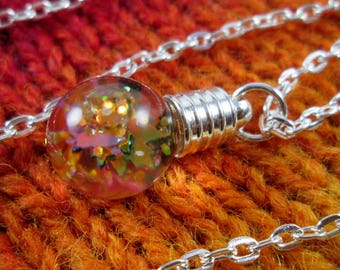 Glitter Liquid Necklace - Rainbow Autumn Leaves and Gold - Small Silver Globe
