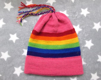 Knit Wool Mohair Pride Hat | LGBT Rainbow | Warm Winter Hat | Pink with Tassels
