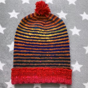 Handknit Noro Hat - Red Sunset Stripes - Slouchy Knit Hat with Pom Pom - 100% Wool