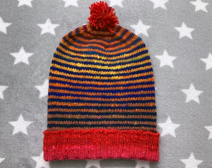 Handknit Noro Hat - Red Sunset Stripes - Slouchy Knit Hat with Pom Pom - 100% Wool