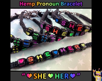 SHE HER Hemp Pronoun Bracelet - Rainbow Alphabet Beads - 1 Bracelet (Assorted Rainbow Colors) - Adjustable Chain or Slide Knot