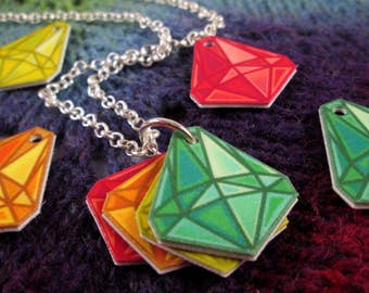 Mood Gem Necklace - Green Yellow Orange Red - Communication Necklace - Silver Rolo Chain