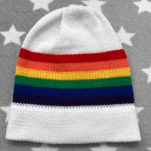 Knit LGBT Rainbow Pride Hat | White Slouchy Beanie | Lightweight Acrylic