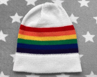 Knit LGBT Rainbow Pride Hat | White Slouchy Beanie | Lightweight Acrylic
