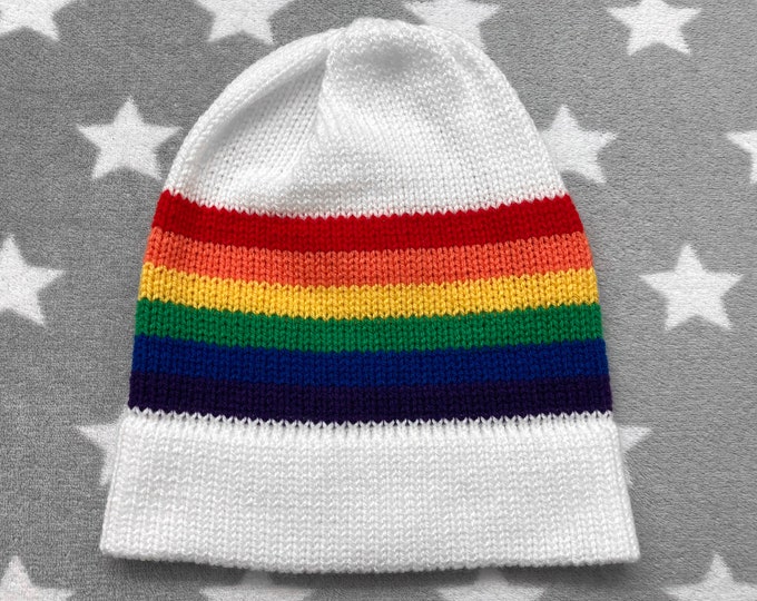 Knit LGBT Rainbow Pride Hat | White Slouchy Beanie | Lightweight Acrylic