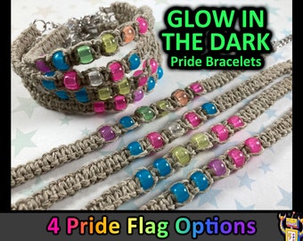 Glow In The Dark Hemp Pride Bracelet - Rainbow, Trans, Pan, Bi Pride Flags - 1 Bracelet - 7 to 8 Inches Adjustable