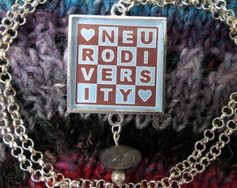 Neurodiversity Necklace & Labradorite | Light Blue and Brown | Square Checker Design