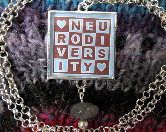 Neurodiversity Necklace & Labradorite - Light Blue and Brown - Square Checker Design