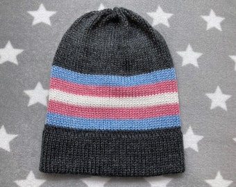 Knit Trans Pride Hat | Heathered Dark Grey | Slouchy Beanie | Soft & Warm Acrylic