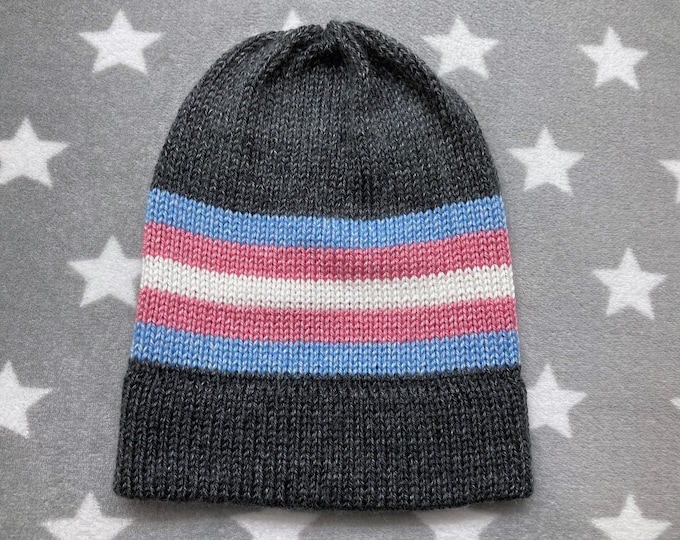Knit Pride Hat - Trans Pride - Heathered Dark Grey - Slouchy Beanie - Acrylic