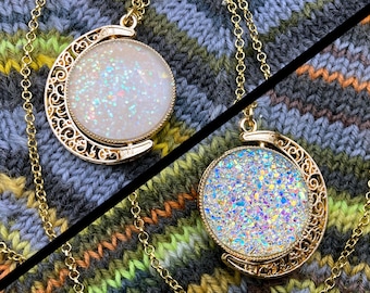 Spinner Moon Necklace | Gold & White Gems | Stim Jewelry | Large 1.5" Pendant