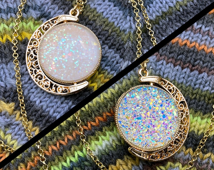 Spinner Moon Necklace | Gold & White Gems | Stim Jewelry | Large 1.5" Pendant