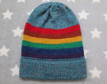 Knit LGBT Rainbow Pride Hat | Light Blue Tweed | Slouchy Beanie | Soft & Warm Acrylic