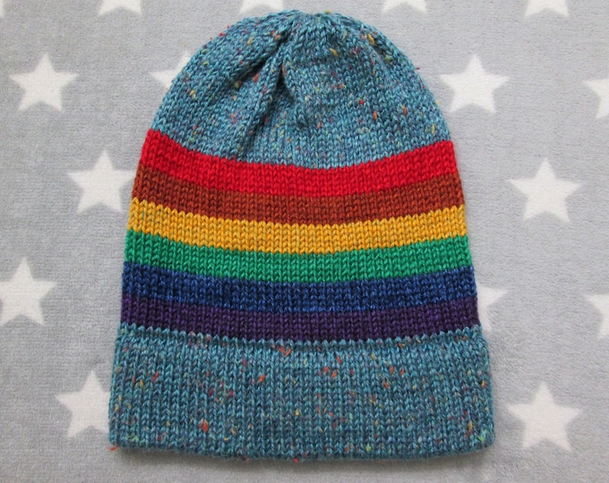 Knit Pride Hat - LGBT Rainbow - Light Blue Tweed - Slouchy Beanie - Acrylic