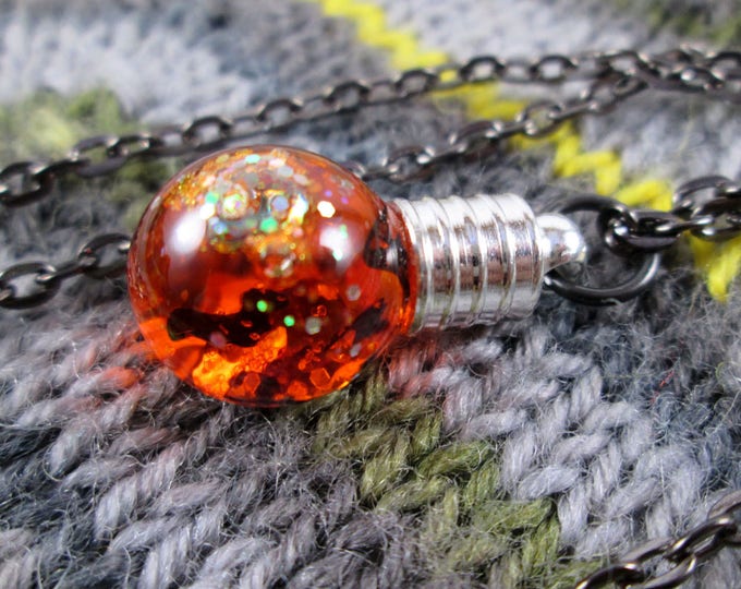 Glitter Liquid Necklace - Halloween Spooky Orange Bats - Small Globe with Gunmetal Chain