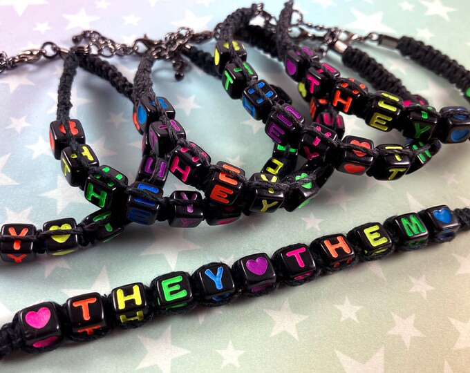Hemp Pronoun Bracelet - "THEY THEM" - Rainbow Alphabet Beads - 1 Bracelet (Assorted Rainbow Colors) - Adjustable Chain or Slide Knot