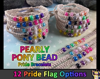 Pearly Mini Pony Beads Hemp Pride Flag Bracelet - 1 Bracelet - 12 Different Flag Options (Pick 1!) - 6 to 10 Inches Adjustable Slide Knot