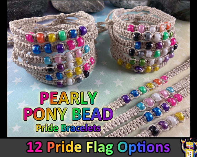 Pearly Mini Pony Beads Hemp Pride Flag Bracelet | 1 Bracelet | 12 Different Flag Options (Pick 1!) | 6 to 10 Inches Adjustable Slide Knot