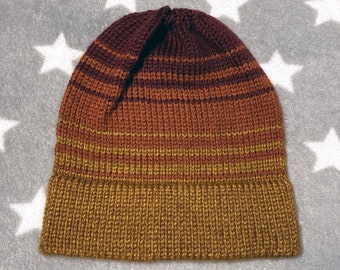 Knit Gradient Hat - Gold to Dark Red - Ombre Fade Stripes - Slightly Slouchy Beanie - Acrylic