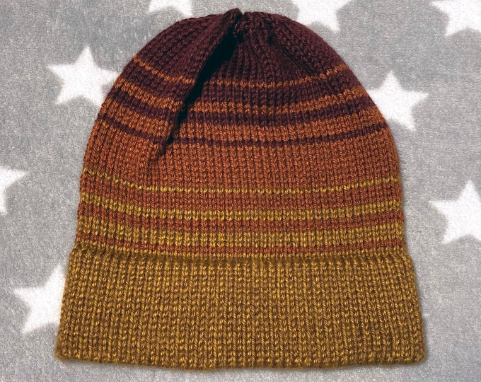 Knit Gradient Hat - Gold to Dark Red - Ombre Fade Stripes - Slightly Slouchy Beanie - Acrylic