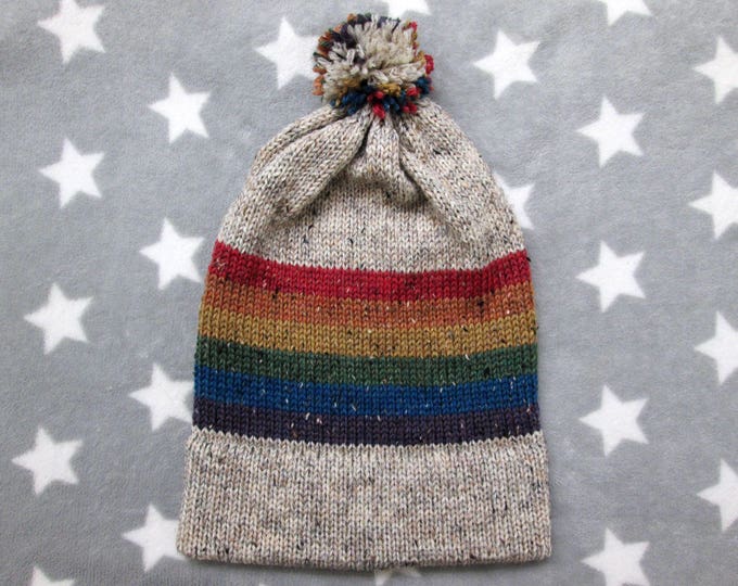 Knit Pride Hat - LGBT Rainbow - Cream Wool Tweed - Big Slouchy Beanie - XL