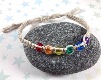Rainbow Hemp Pride Bracelet | Transparent Beads | Tan Hemp | Mini Pony Beads | 6 to 10 Inches Adjustable Slide Knot