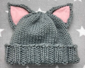 Cat Hat - Grey - Pink Ears - Handknit Hat - Wool Acrylic Blend
