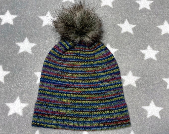 Wool-Nylon Blend Hat - Earthtones - Green Blue Red Yellow Brown Purple - Slouchy Knit Winter Beanie with Faux Fur Pom Pom
