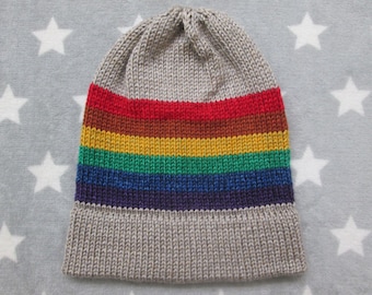 Knit Pride Hat - LGBT Rainbow - Heathered Taupe - Slouchy Beanie - Acrylic