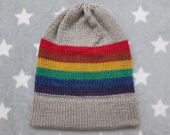 Knit LGBT Rainbow Pride Hat | Heathered Taupe | Slouchy Beanie | Soft & Warm Acrylic