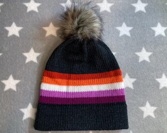 Knit Lesbian Pride Hat | Charcoal Black | Slouchy Beanie | Faux Fur Pom-Pom | Acrylic