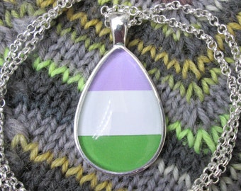 Genderqueer Pride Flag Pendant Necklace | Silver Teardrop | Rolo Chain