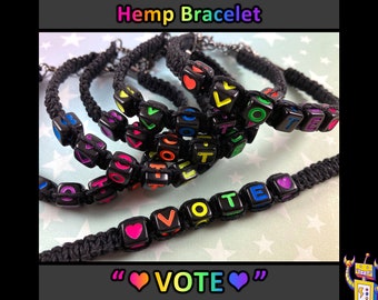 VOTE Hemp Bracelet | Rainbow Alphabet Beads | Black Hemp | 1 Bracelet (Assorted Rainbow Colors) | 7 to 8 Inches Adjustable
