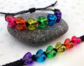 Rainbow Hearts Hemp Pride Bracelet - Black Hemp - Plastic Jelly Pony Beads - 6 to 10 Inches Adjustable Slide Knot